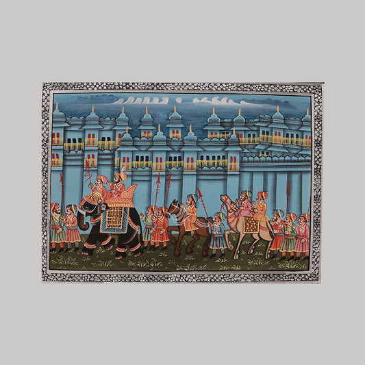 Handmade Rajasthani Miniature painting | Royal procession | Blue with silver border and golden detailing