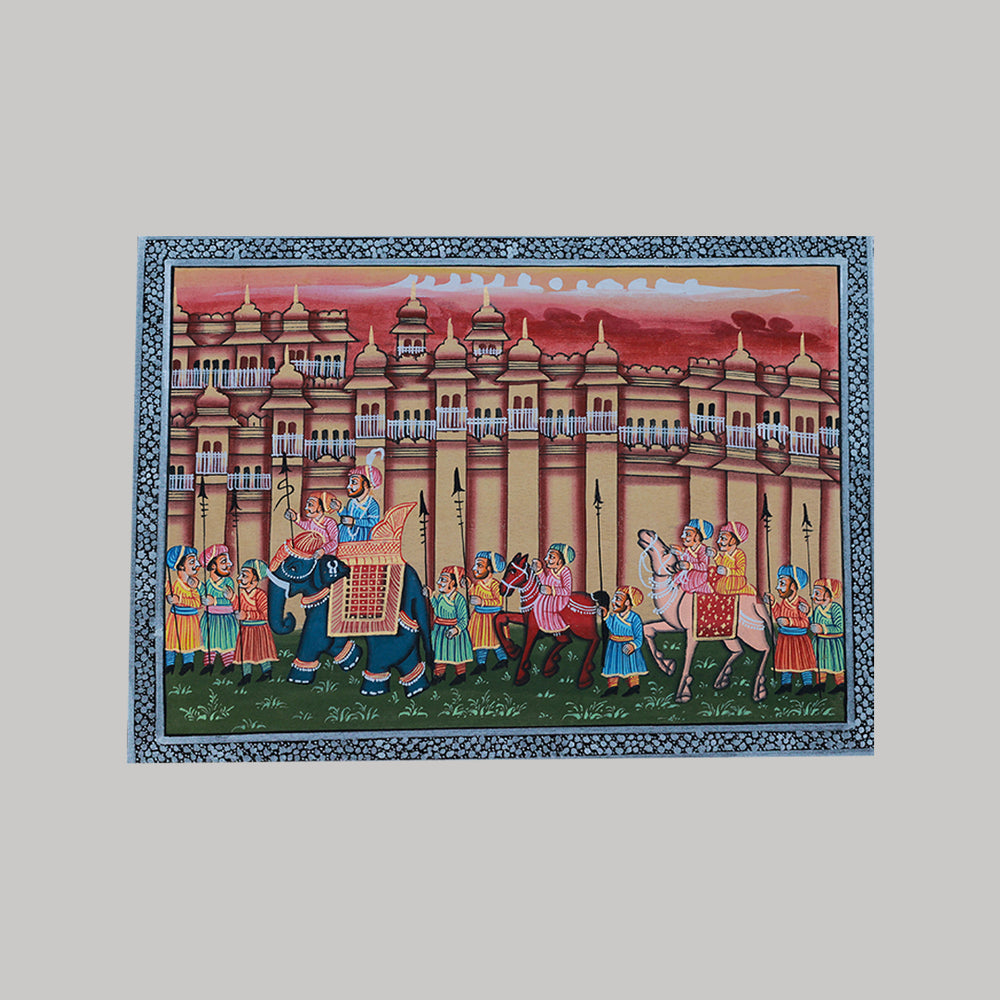 Miniature painting royal procession brown with silver border and golden detailing