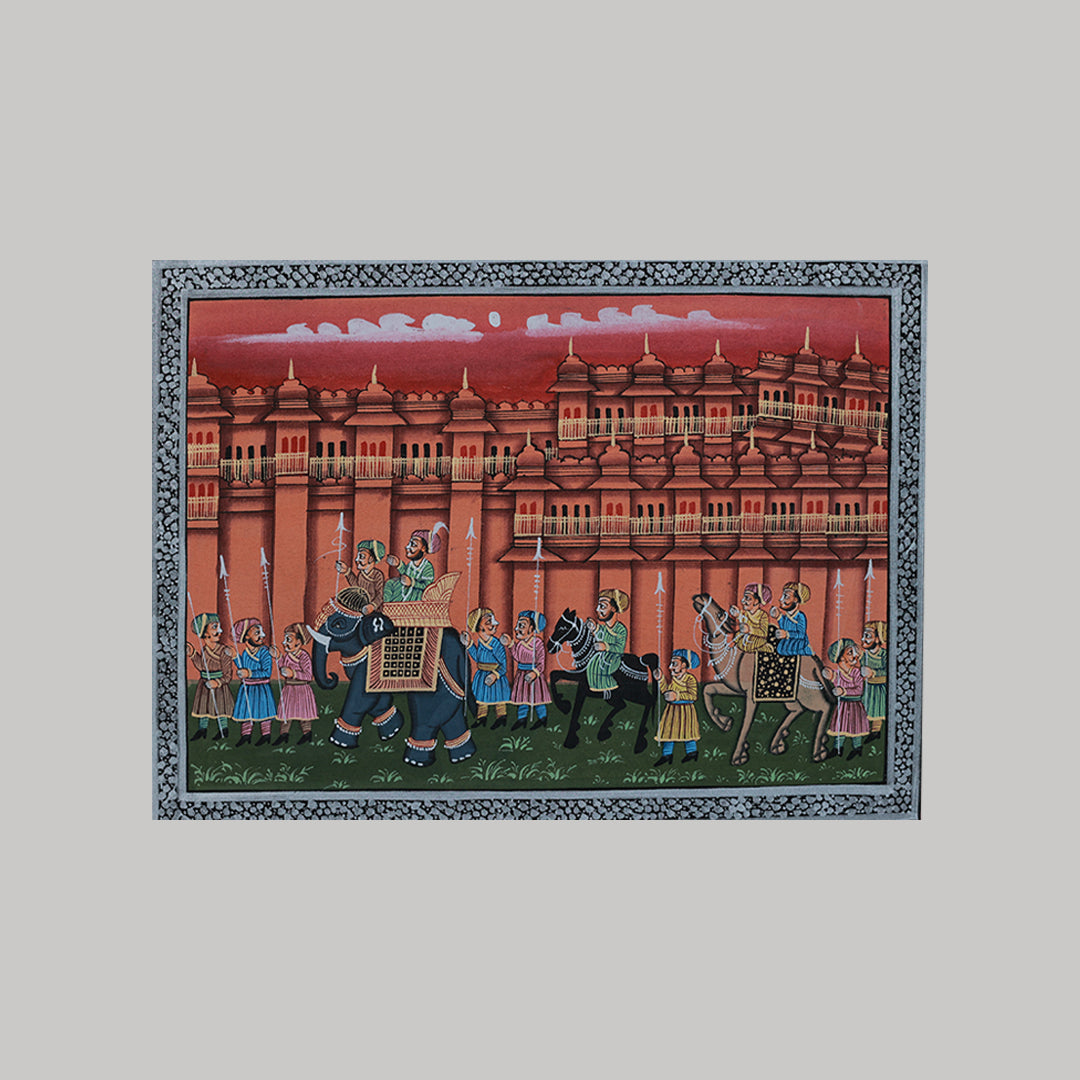 Miniature painting royal procession red with silver border and golden detailing