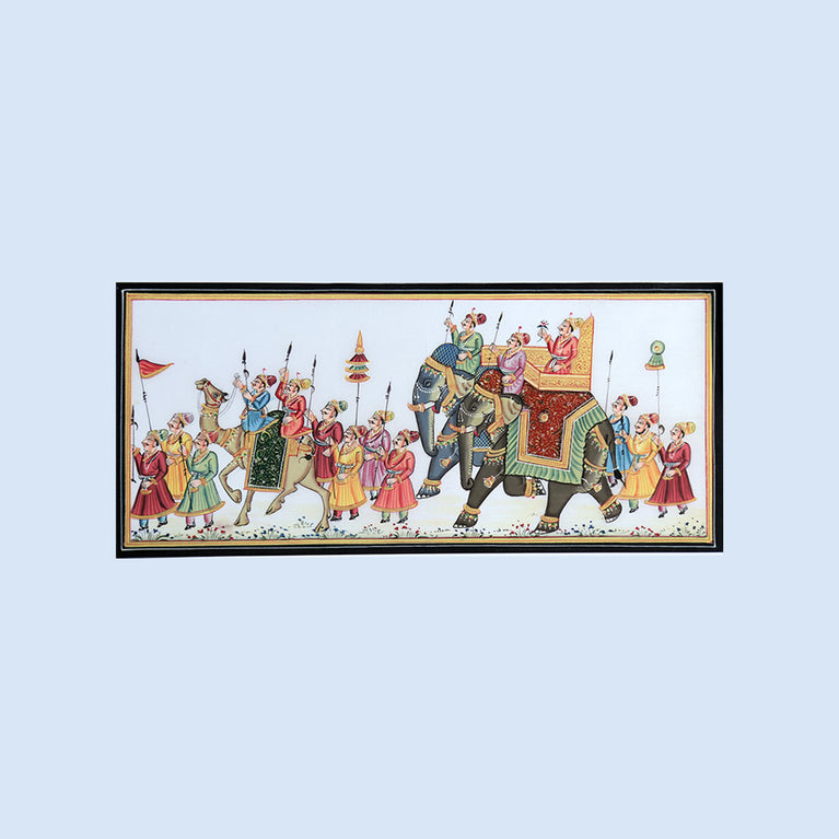 Rajasthani Miniature Handmade Painting | Royal procession | Left facing | White border | White background