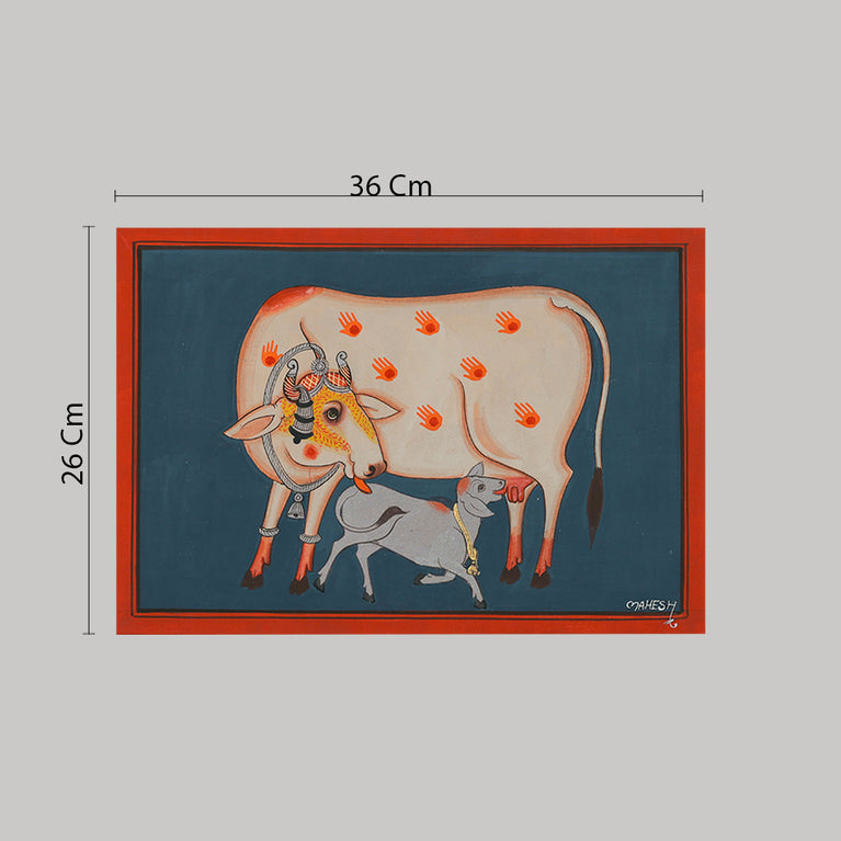 Pichawai Painting  Cow and calf, grey-blue background