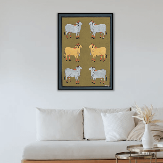 Buy Online Pichwai painting by Mahesh Vishnoi six cows green background