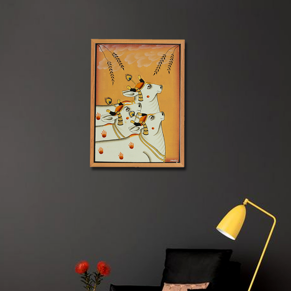 Mahesh Vishnoi Pichwai painting three cows peach background