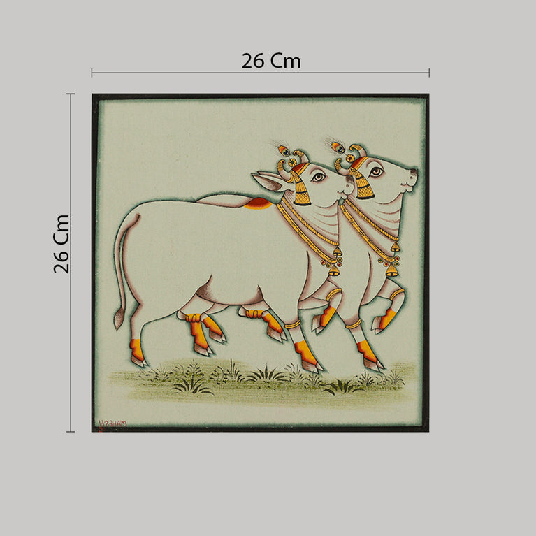 Pichwai painting by Mahesh Vishnoi with two cows white background