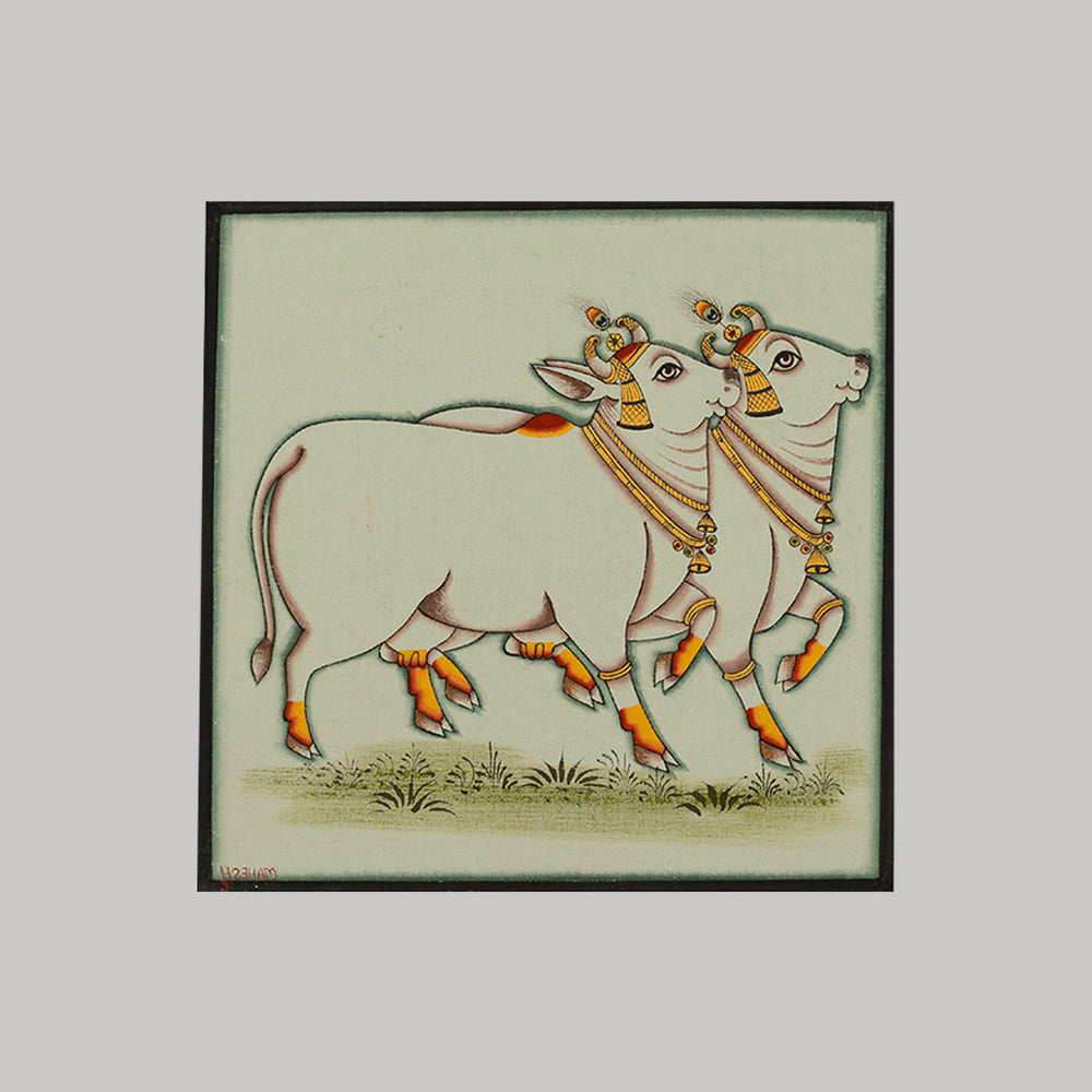 Pichwai painting by Mahesh Vishnoi with two cows white background