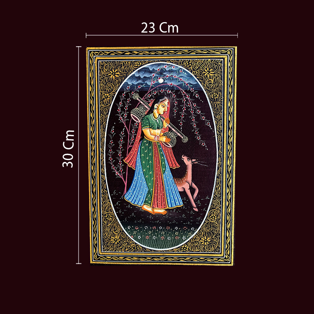 Rajasthani Miniature Handmade Painting | Ragini with deer | Maroon background