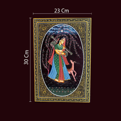 Rajasthani Miniature Handmade Painting | Ragini with deer | Maroon background