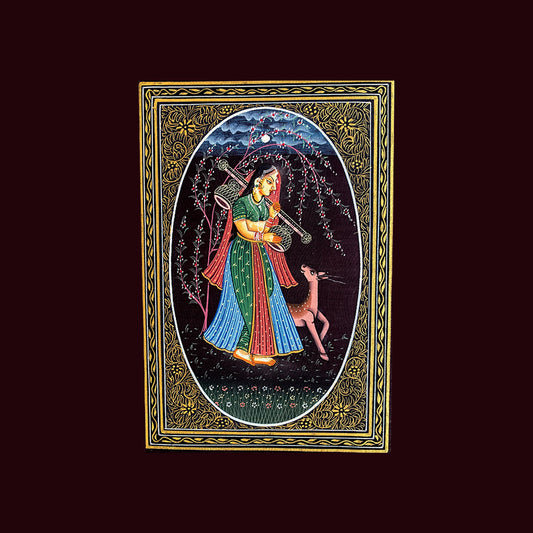 Rajasthani Miniature Handmade Painting | Ragini with deer | Maroon background