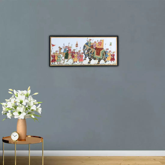 Rajasthani Miniature Handmade Painting | Royal procession | Left facing White border White background