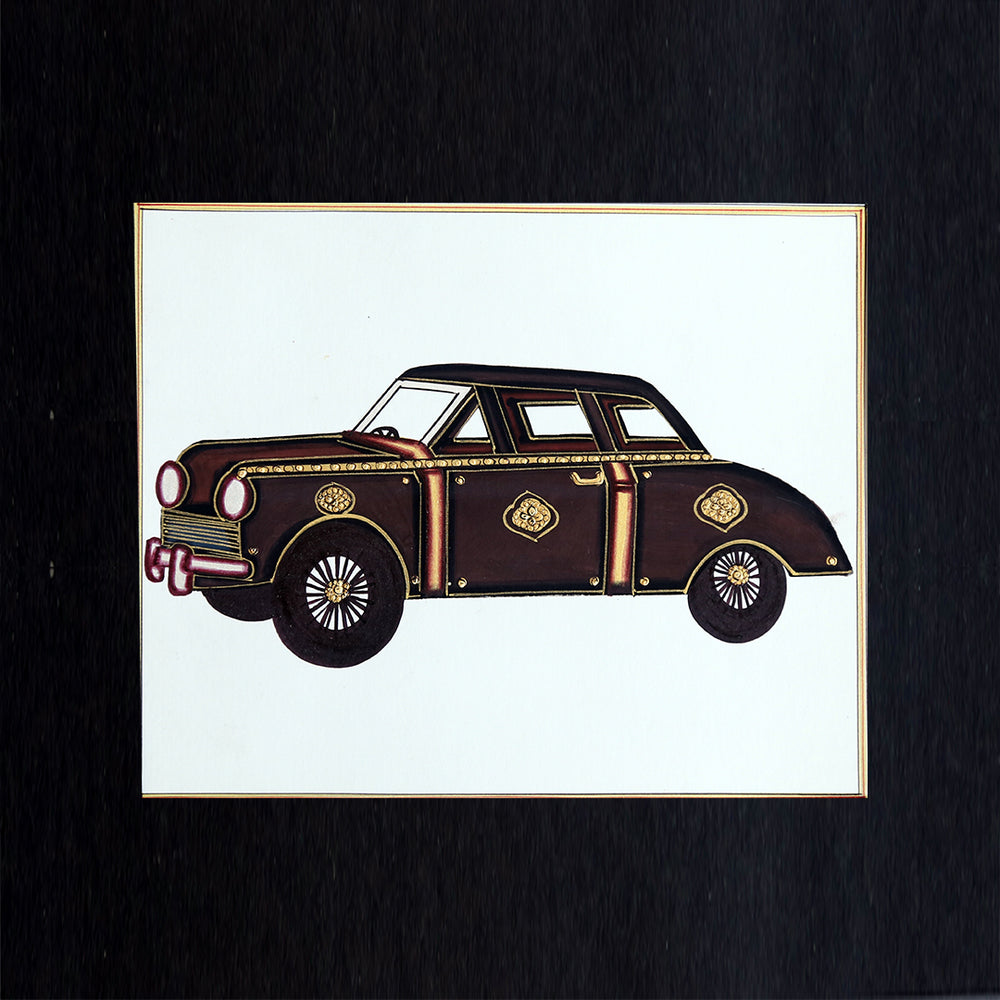 Rajasthani Miniature Handmade Painting | Vintage car | Black border | White background