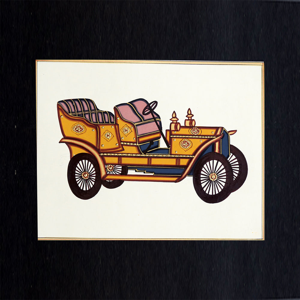 Rajasthani Miniature Handmade Painting | Vintage car | Black border | White background