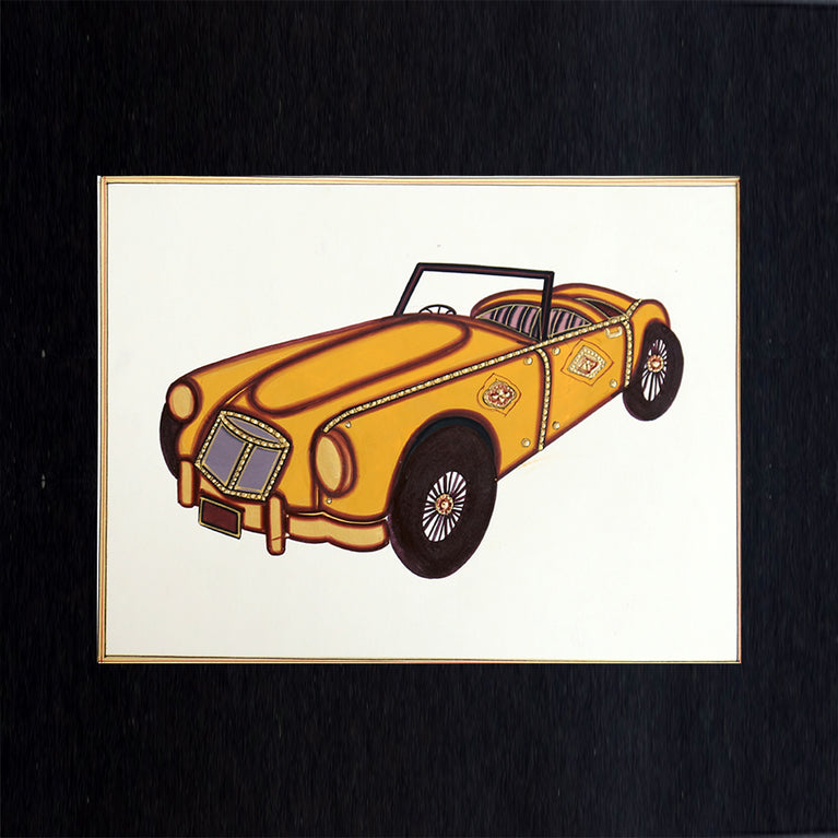 Rajasthani Miniature Handmade Painting | Vintage car | Black border | White background