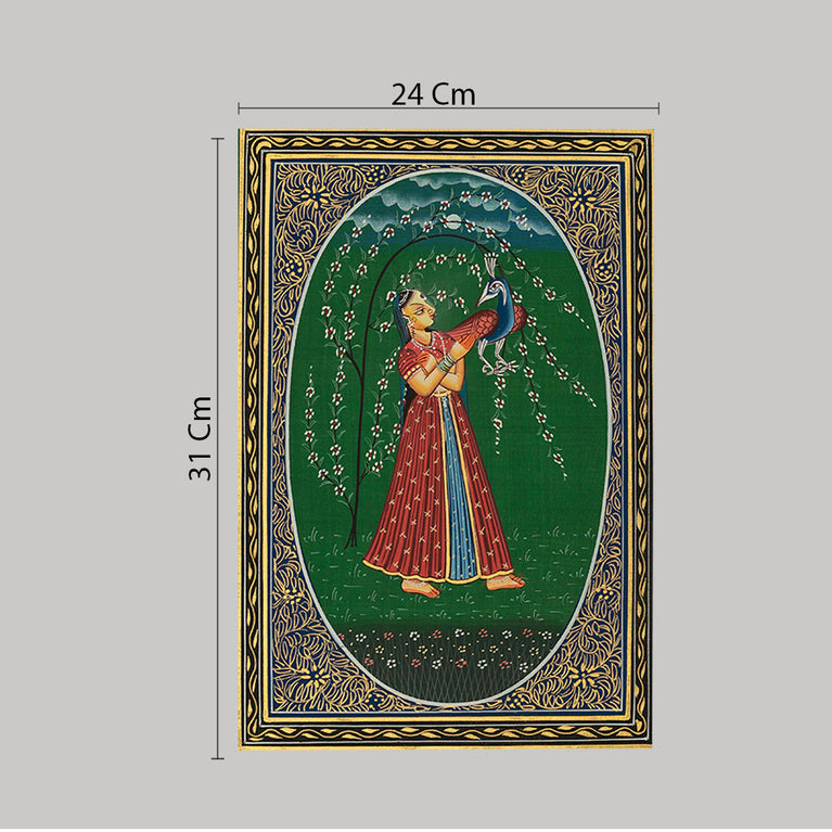 Miniature painting Ragini with peacock green background