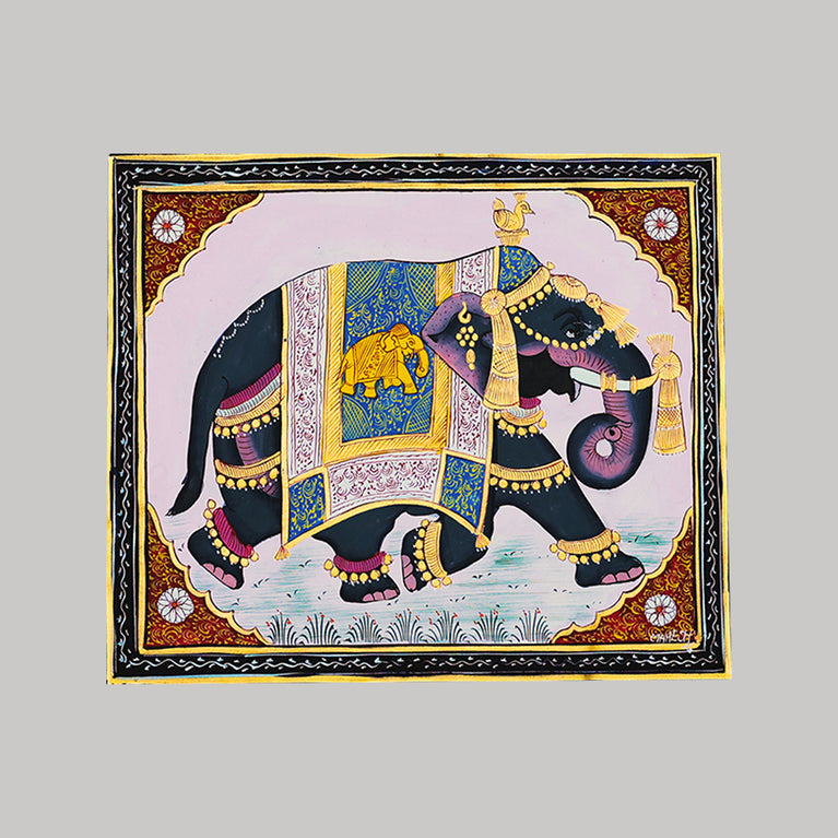 Miniature painting by Mahesh Vishnoi elephant pink background