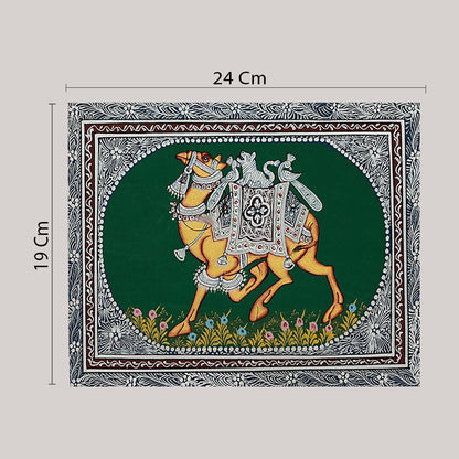 Miniature painting camel green background facing left