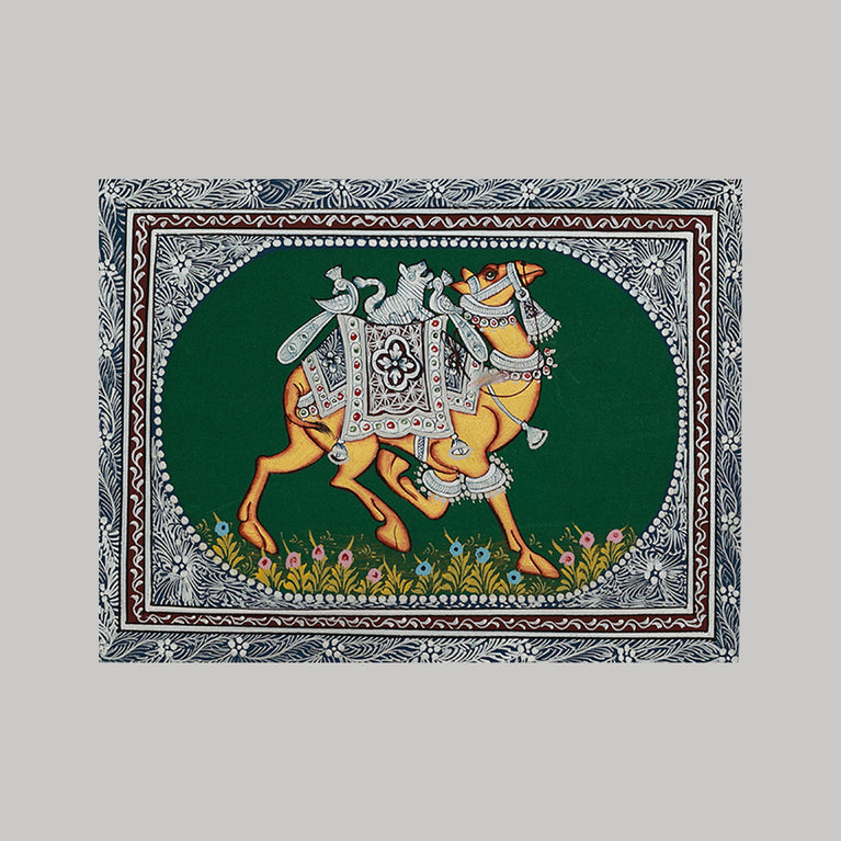 Miniature painting camel green background facing right