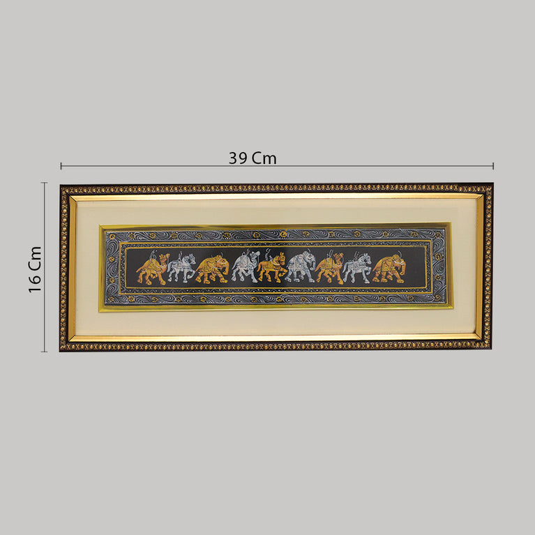 Miniature painting framed Camel horse elephant black background right facing