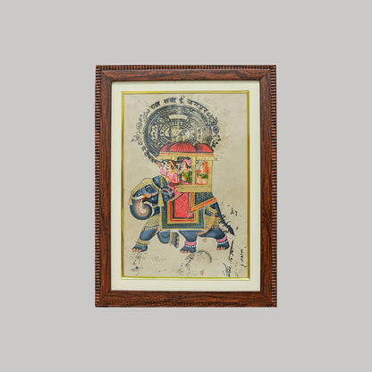 Rajsthani Miniature painting framed elephants stamp paper with golden detailing