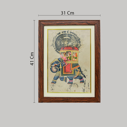 Miniature painting framed elephant sawari old stamp paper with golden detailing