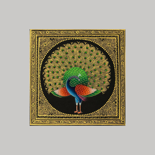 Miniature painting peacock with golden detailing green colour