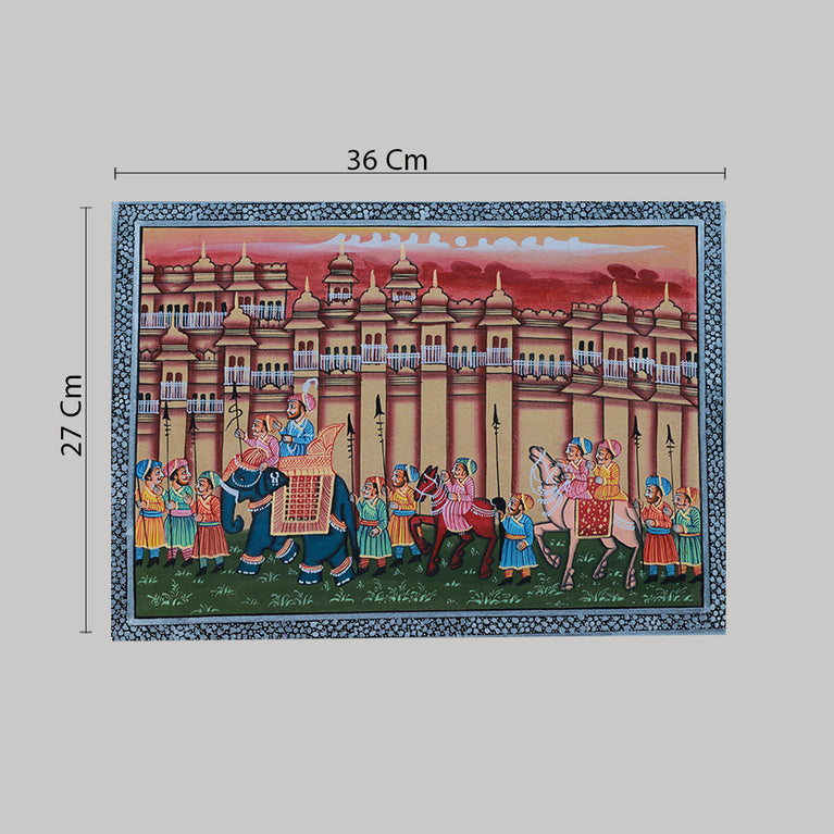 Miniature painting royal procession brown with silver border and golden detailing