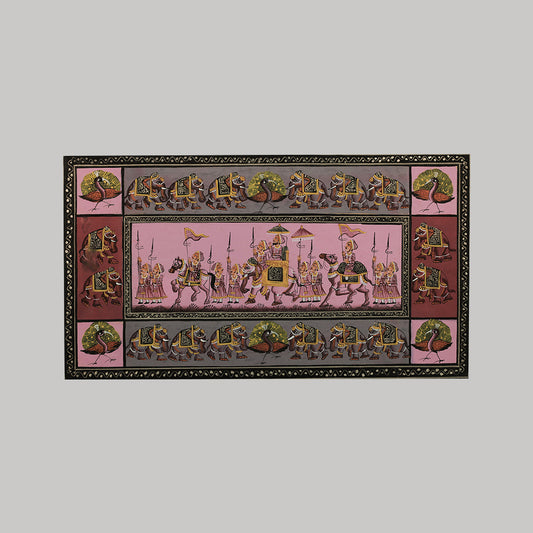 Hand painted Rajasthani Miniature art royal procession pink background