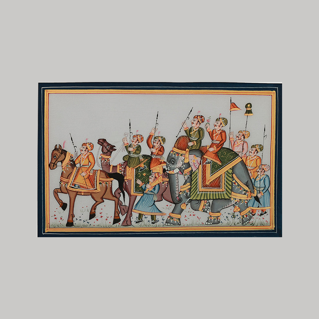 Rajsthani Miniature painting royal procession white background left facing 