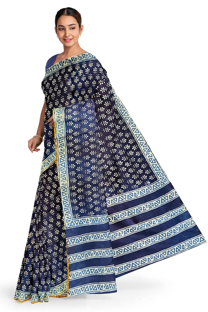 Hand Blockprinted Chanderi Silk Saree-Indigo