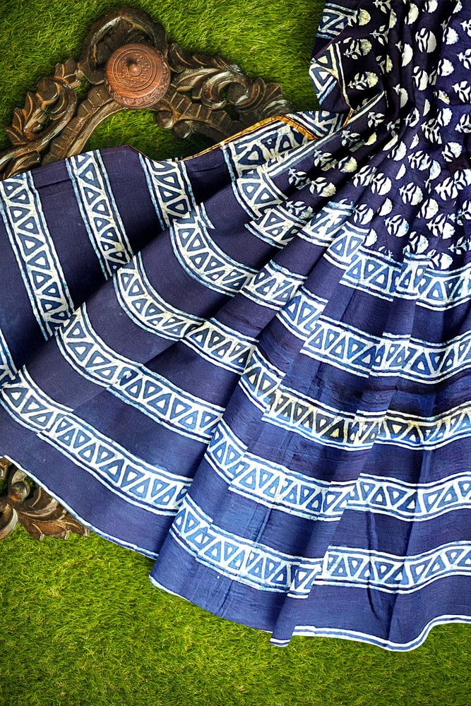 Hand Blockprinted Chanderi Silk Saree-Indigo