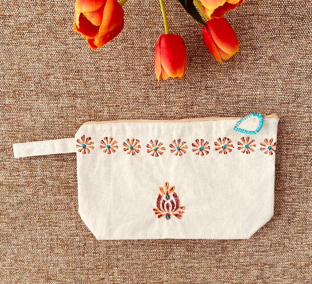 Handpainted Cotton Travel/Makeup Pouch with embroidery on both sides