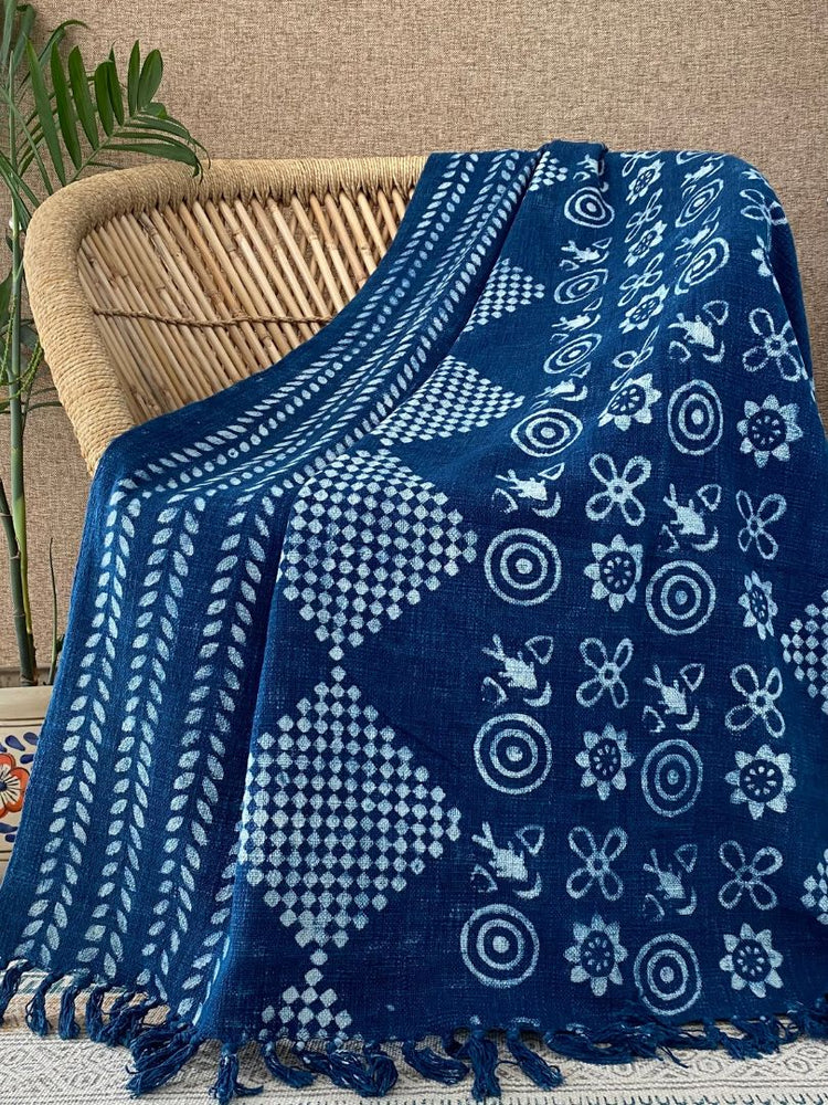 Hand blockprinted Cotton Sofa Throws-Indigo