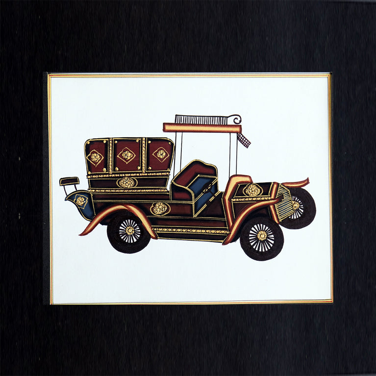 Rajasthani Miniature Handmade Painting | Vintage car | Black border | White background