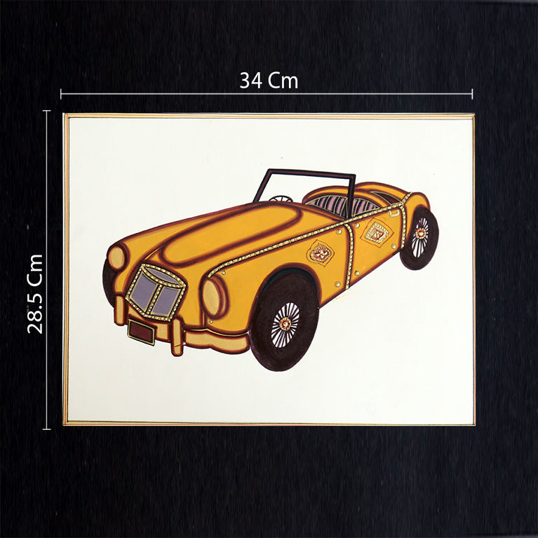 Rajasthani Miniature Handmade Painting | Vintage car | Black border | White background