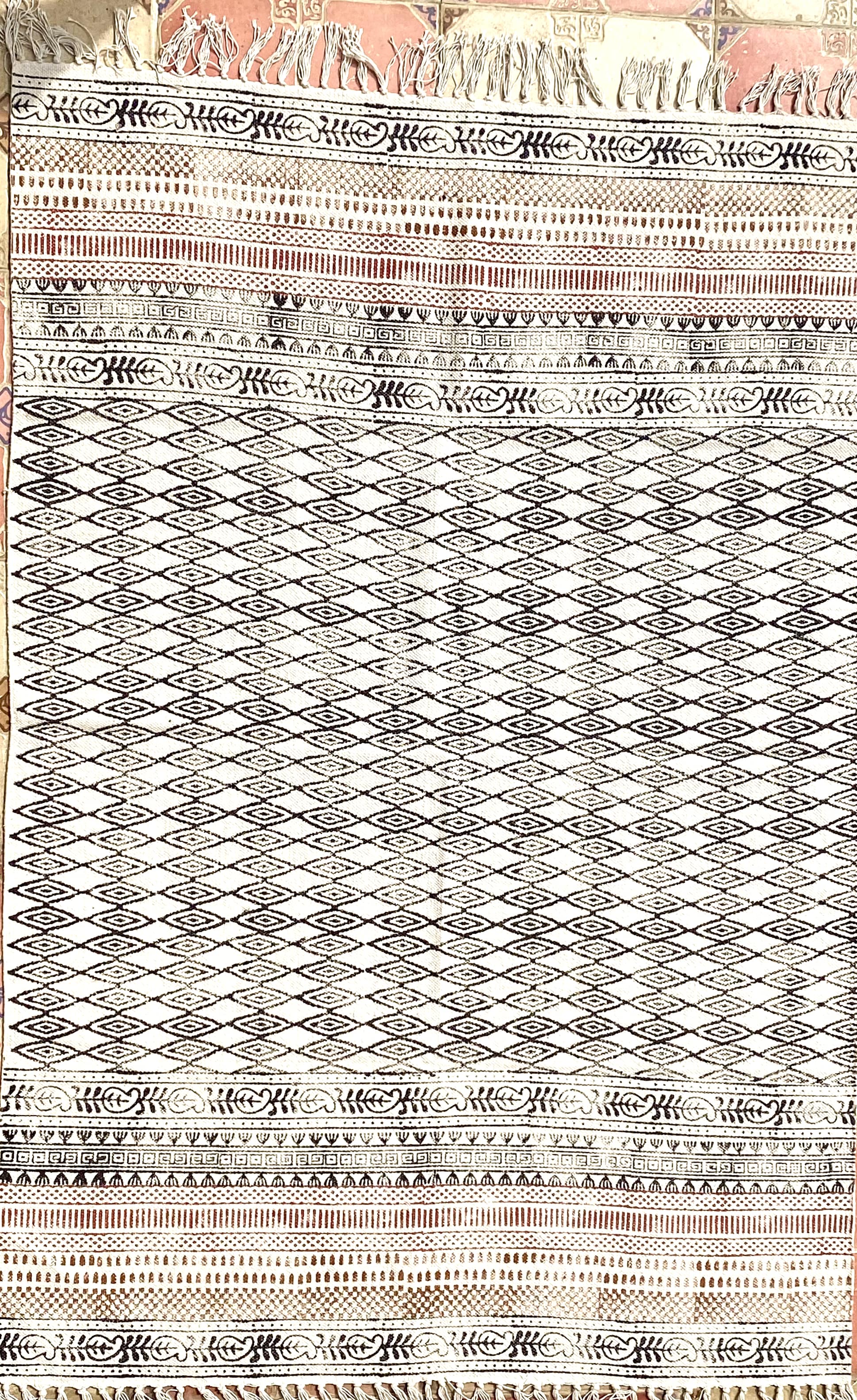 Hand blockprinted cotton rug -Black and Brown-Geomteric pattern – Sumaavi