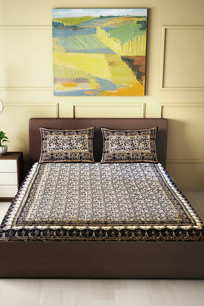 Hand Blockprinted Kalamkari Cotton Double Bedsheet With Pillow Covers