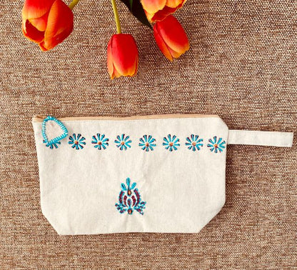 Handpainted Cotton Travel/Makeup Pouch with embroidery on both sides